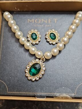 Monet Green and Pearl Pendant Necklace with Matching Earrings